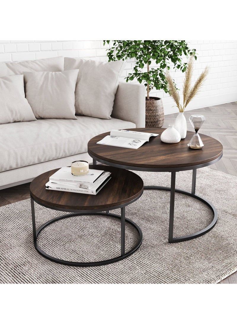 Luxury Home 2-Piece Round Coffee Tables Nesting Table Set Circle Coffee Table with Storage Open Shelf for Living Room Modern Minimalist Style Furniture Side End Table - Image 2